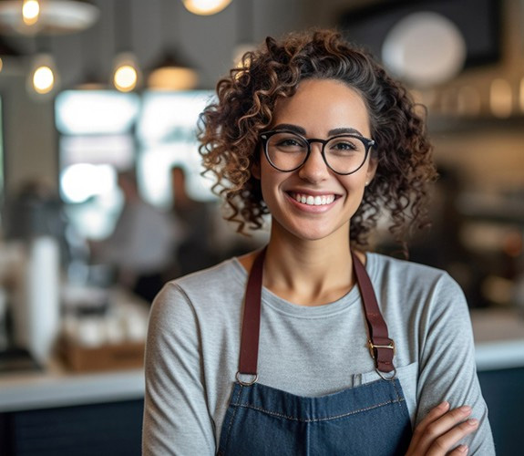 Woman with glasses smiling at work