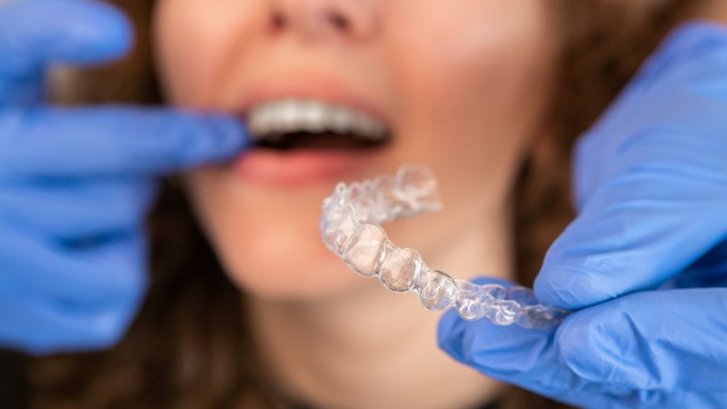 dentist holding Invisalign aligner